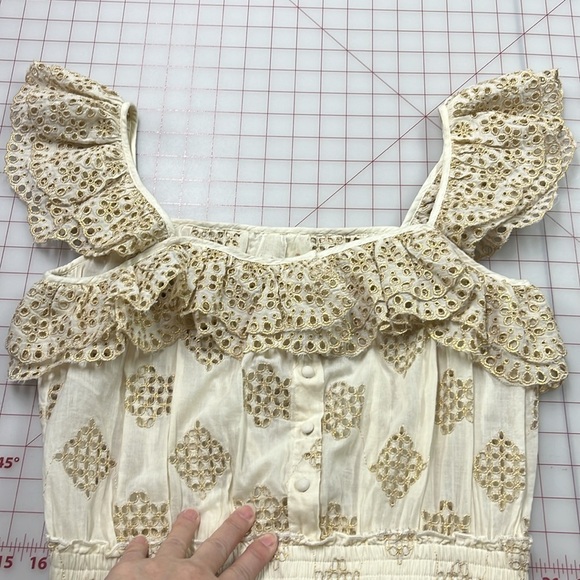 PQ SWIM ANTHRO Haven Cate Ruffle Tier Gold Eyelet Cotton Ecru Resort Mini SZ M/L - Picture 11 of 16